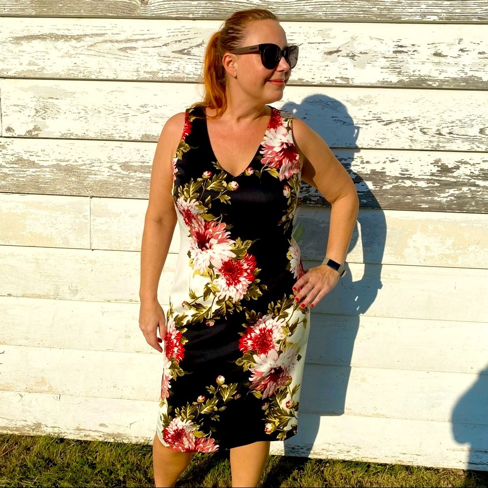 SLNY Black Floral Scuba Sheath Midi Dress in Size 12